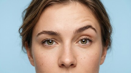 Fototapeta premium Extreme close-up of a woman's eyes and forehead with hazel eyes and natural skin texture against a light blue background