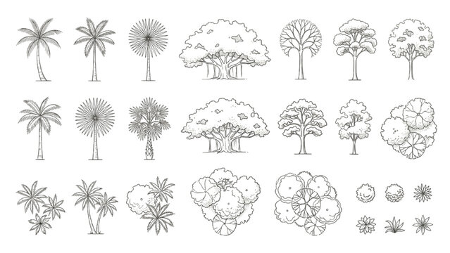 Hand Drawn Tropical Tree and Palm Symbols Vector Set for Landscape Architecture Plans