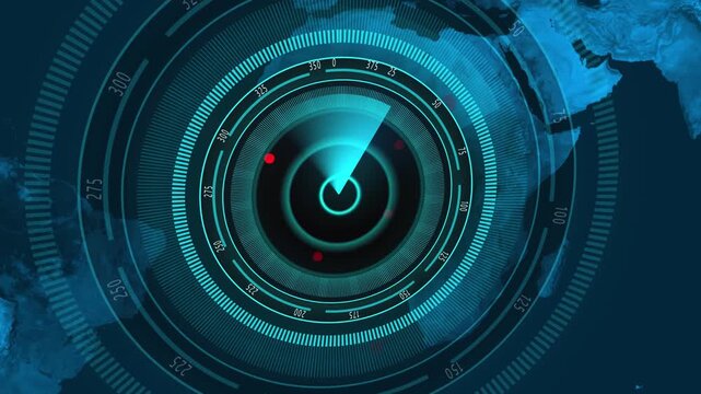Futuristic Radar Screen Displaying Global Map and Target Acquisition technology. Digital radar visualization featuring target acquisition over a futuristic global map display.