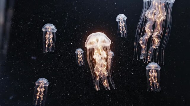 A mesmerizing school of translucent jellyfish pulsates with an inner golden glow as they drift serenely through the dark, sparkling ocean depths.
