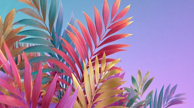 Vibrant tropical palm leaves featuring colorful gradient patterns with bold pink and gold textures set against a soft purple background