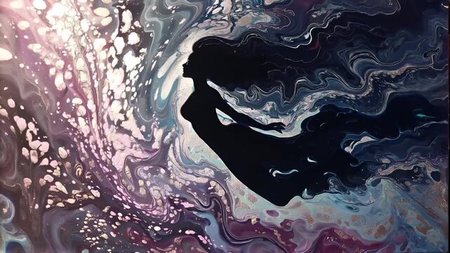 Fantasy, mysterious, wallpaper. A vivid and abstract painting depicts a silhouette of a person in a dynamic pose against a swirling background of deep blues, purples, and pinks.