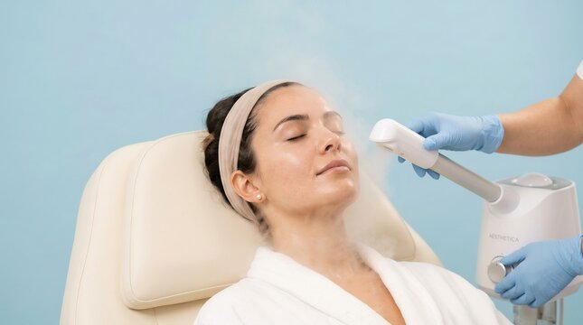 Young woman receiving a professional facial steaming treatment for skin hydration and rejuvenation in a modern beauty spa setting
