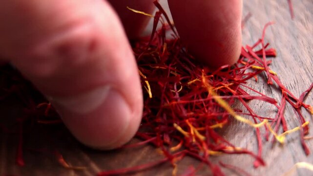 Human fingers selecting and pinching red saffron stigmas from a rustic wooden bowl. Artisanal cooking process. Organic spice