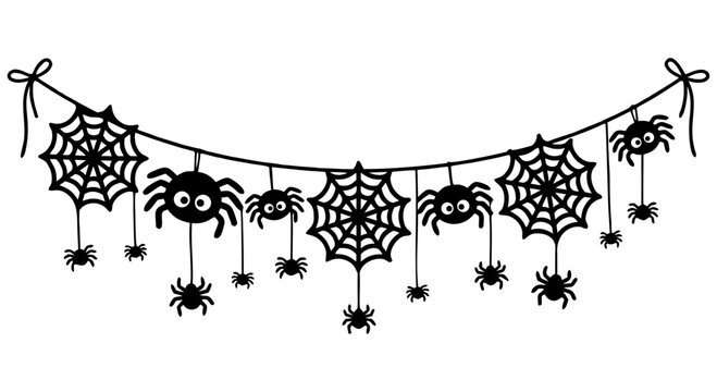 Halloween spider garland vector, spooky hanging cobweb bunting with cute spiders, black silhouette party decoration border on white background