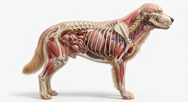 Realistic anatomical depiction of a dog's internal organs and skeletal framework with muscles visible through a transparent side view