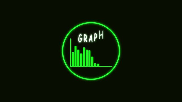 Simple Neon Green Graph Icon with Text " GRA" Inside a Circle chart data. Animated neon green "GRA" graph icon glowing inside circular frame for digital data interface.
