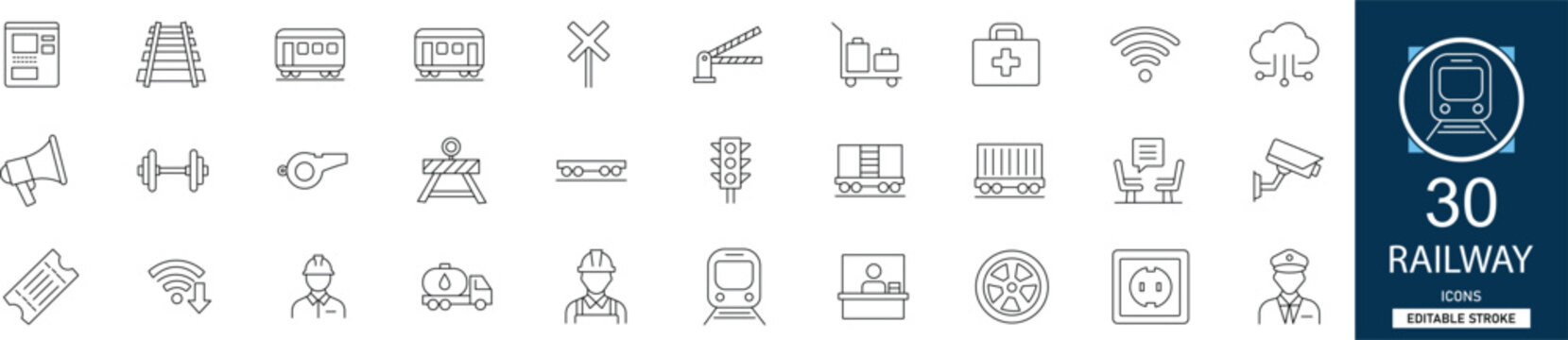 Railway and transportation line icon set with 30 icons train, locomotive, railway station, subway, platform, ticket, travel, track. Clean linear vector, editable stroke.