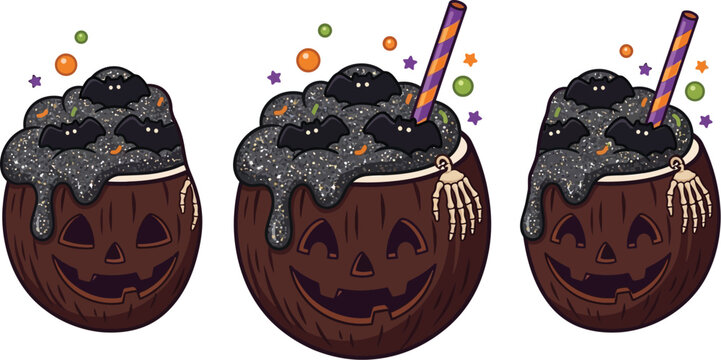 Pumpkin beverage containers display spooky bats for a festive holiday event.
