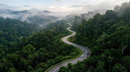 Fototapeta premium Winding Road Through Misty Mountain Forest Aerial View