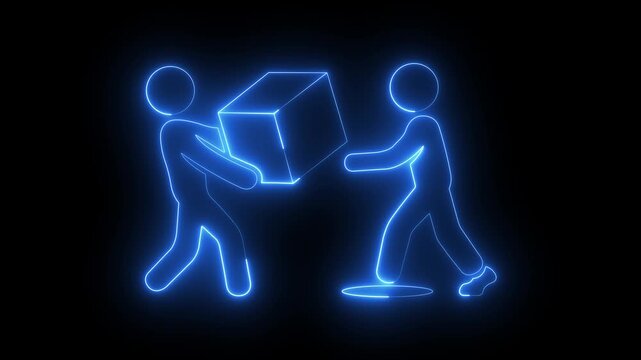 glowing neon delivery person icon isolated on black background, showing package handover to customer, successful shipping, receiving orders, courier service, and e-commerce transactions. 4k video.