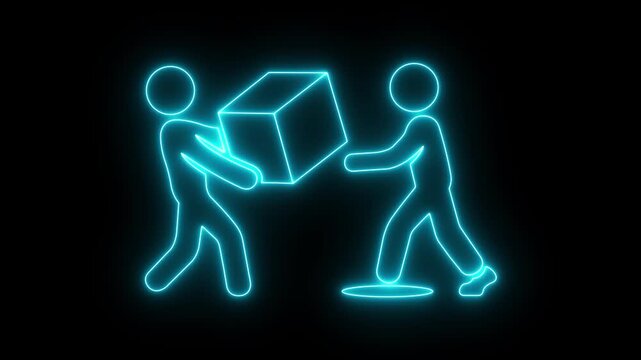 glowing neon delivery person icon isolated on black background, showing package handover to customer, successful shipping, receiving orders, courier service, and e-commerce transactions. 4k video.