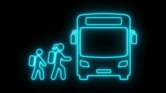 glowing neon school bus icon isolated on black background. Public transportation symbol. 4K Video animation.