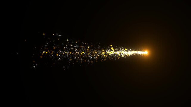 Glittering star dust particles trail sparkling, glitter stars burst with glowing sparkle, magical sparkle star tail light, abstract golden light streak with fast sparkling particles motion. 4K video