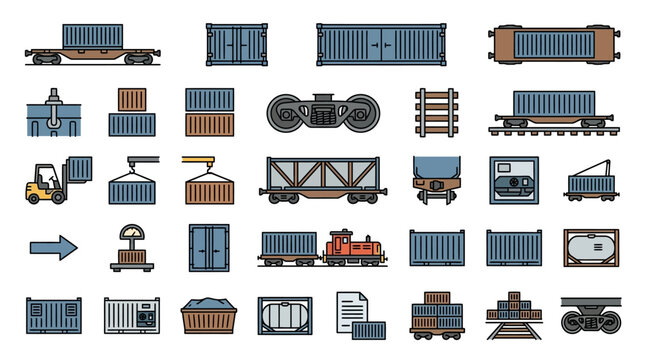 Freight train with various container types on tracks and yards with industrial equipment.
