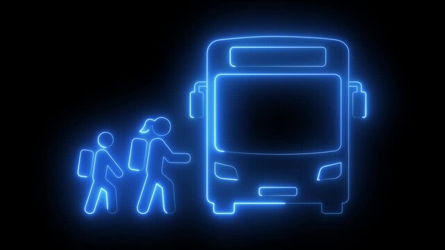 glowing neon school bus icon isolated on black background. Public transportation symbol. 4K Video animation.