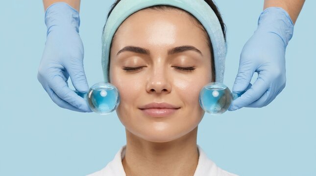 Young woman receiving facial cryotherapy massage with blue ice globes for skin rejuvenation and cooling effect in a beauty salon
