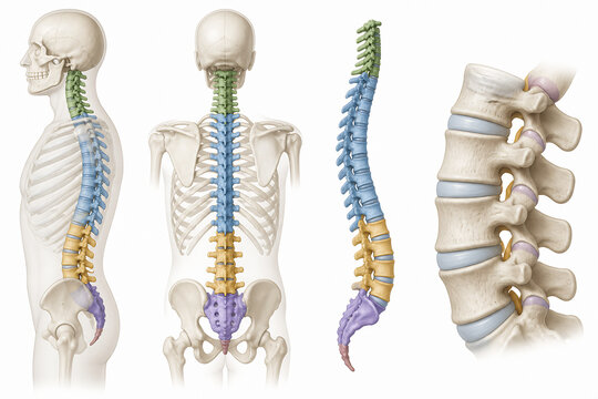 An anatomical illustration displaying various views of the human spine, including lateral, posterior, and isolated spinal column views.