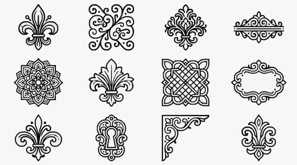 Elegant Black and White Ornamental Fleurs de lis and Floral Patterns Design Collection with high quality professional line art symbols for modern creative design and digital branding projects © Riadi