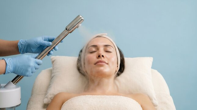 Adult woman receiving a professional facial steam treatment in a beauty salon for skincare and relaxation