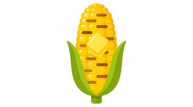Sweet corn cob with melting butter and green husks, detailed cartoon illustration isolated on white, representing fresh summer vegetable produce.