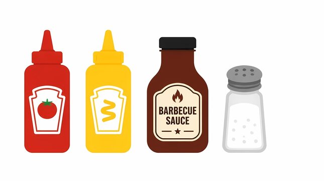 Essential dining condiments: Ketchup, mustard, BBQ sauce bottles, and salt shaker. Flat design vector illustration for culinary themes.