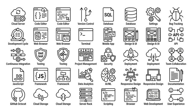 Software Development Icons: Coding, Cloud, Database, UI/UX, Testing, Security