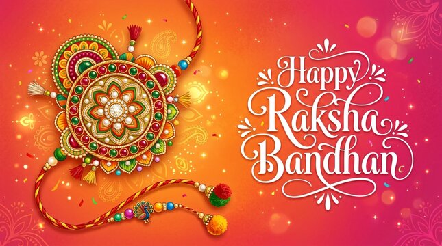 Image is a vibrant and colorful digital illustration celebrating Raksha Bandhan. It features a traditional rakhi design on the left side, with intricate patterns and bright colors including red, yello