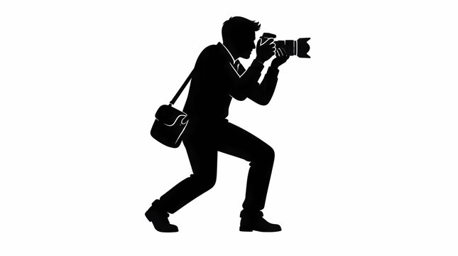 Professional photographer taking pictures with a DSLR camera and telephoto lens, crouching in a focused ready stance, carrying a shoulder bag, black silhouette vector icon.