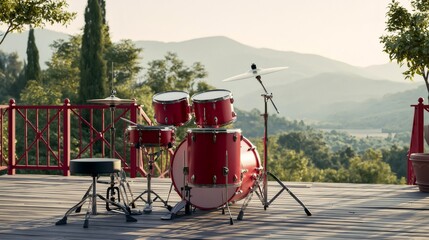 Naklejka premium Red drum set standing on wooden deck overlooking mountains