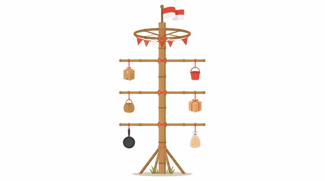 Traditional Panjat Pinang game setup, a bamboo climbing pole adorned with the Indonesian flag and various prizes, ready for Independence Day celebration.