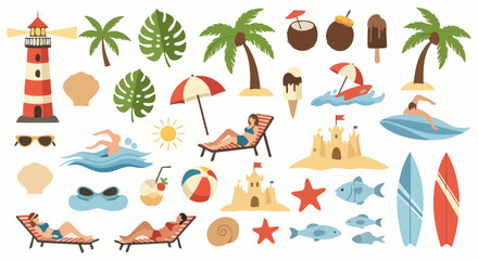 Fototapeta premium A vibrant collection of summer and beach vacation elements, including people, activities, and objects.