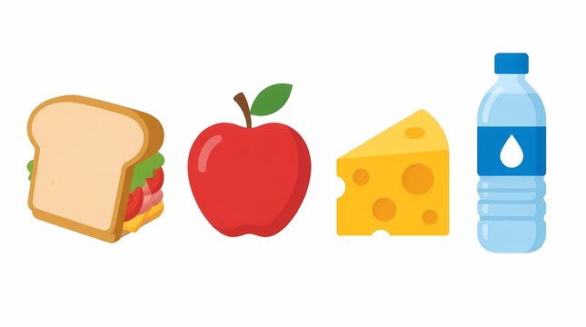 Balanced lunch items: a fresh sandwich, red apple, yellow cheese slice, and clear water bottle, illustrating simple, healthy daily nutrition and wholesome meal choices.