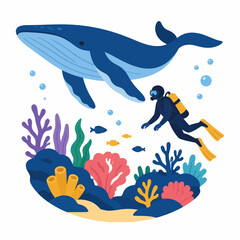 Fototapeta premium Blue whale and scuba diver exploring a vibrant coral reef with colorful marine life in a flat design vector illustration
