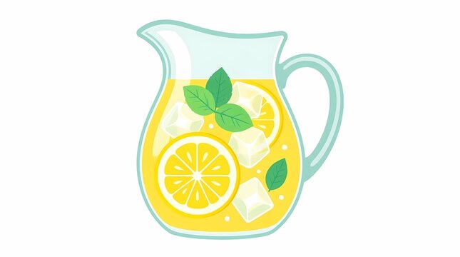 Homemade lemonade drink in a glass pitcher, featuring bright yellow lemon slices, green mint leaves, and sparkling ice cubes, perfect for summer cool beverages.