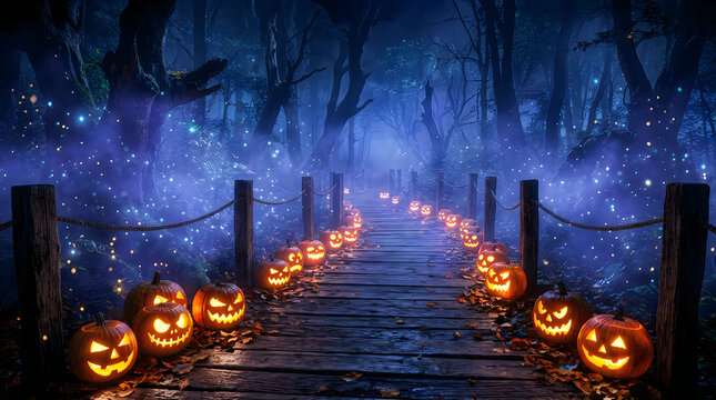 Eerie haunted bridge path lined with glowing jack-o-lanterns, jack o lantern