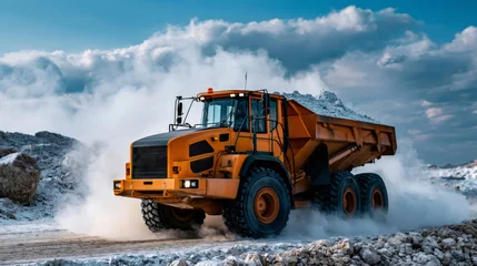 Mining dump truck transporting material on dusty quarry road © Lubos Chlubny