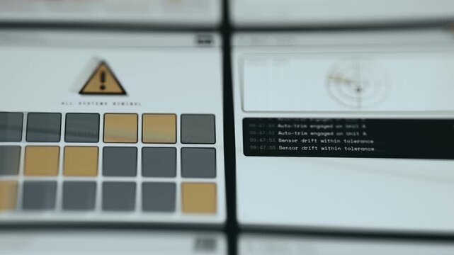 Dashboard displaying a status indicators and a warning triangle icon reading ALL SYSTEMS NOMINAL