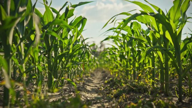Even rows of corn crops in an industrial field on a sunny day. Green leaves sway gently in a light breeze. Concept of agricultural land and grain crop production