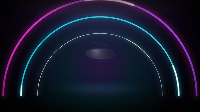 Abstract motion background featuring vibrant purple cyan and white neon light trails forming arches over a dark galactic background with a central display platform