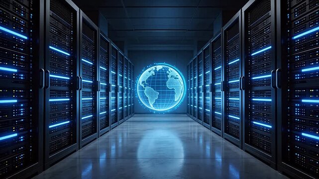 Server room with glowing globe
