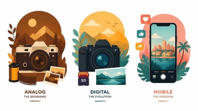 Photography evolution: from analog film cameras and prints to digital SLR cameras with SD cards, and modern mobile smartphone imaging and social media.