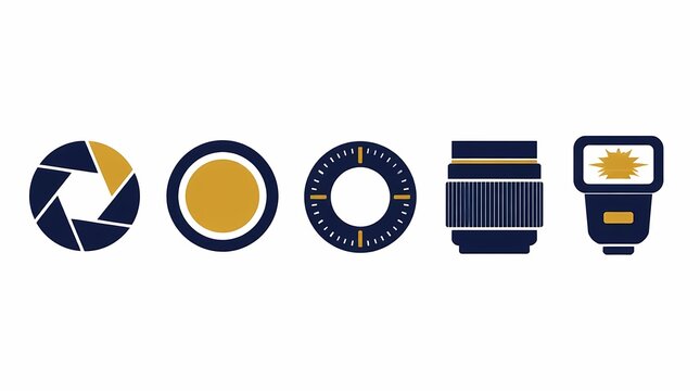 Photography equipment icons, flat design elements featuring camera aperture, lens, shutter speed dial, and flash on a white background.