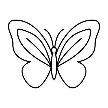 Minimalist contour icon of a butterfly with spread wings, made with thin black lines, symbolizing lightness, natural beauty and transformation. Vector illustration.