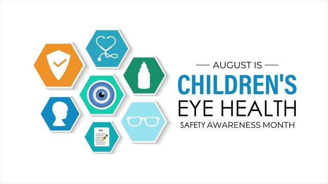 Animated banner celebrating Children's Eye Health and Safety Awareness Month. Hexagon healthcare animation. Animated medical symbols.