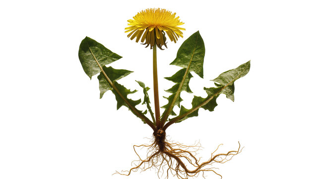Isolated Dandelion plant with vibrant yellow flower, fresh green leaves, and intricate root system.