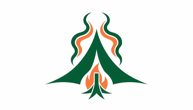 Camping tent with roaring campfire and smoke rising, depicted in a modern minimalist graphic icon for outdoor adventure and travel in nature wilderness
