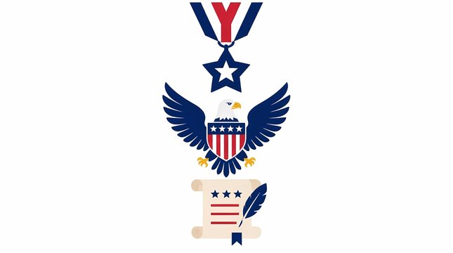 American Bald Eagle emblem with a patriotic star medal and a historical document scroll with a quill, symbolizing government, freedom, and national pride.