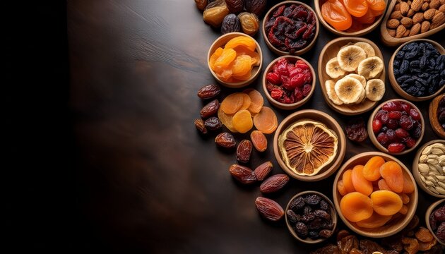assorted dried fruits arranged together highlighting natural preservation healthy snacking vibrant colors and the nutritional value of dehydrated produce
