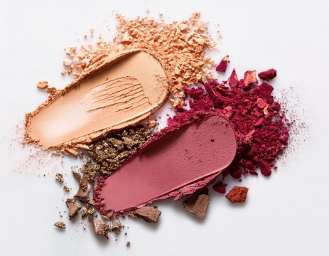 crushed makeup eyeshadow swatches showing beige rose gold and berry shades cosmetic texture for beauty concepts